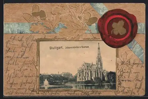 Lithographie Stuttgart, Johanniskirche mit Feuersee, Siegel, Eichenzweige