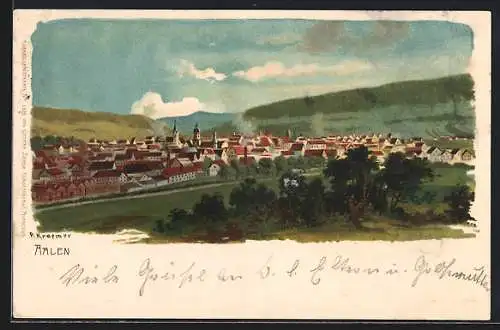 Lithographie Aalen, Panoramablick auf die Ortschaft