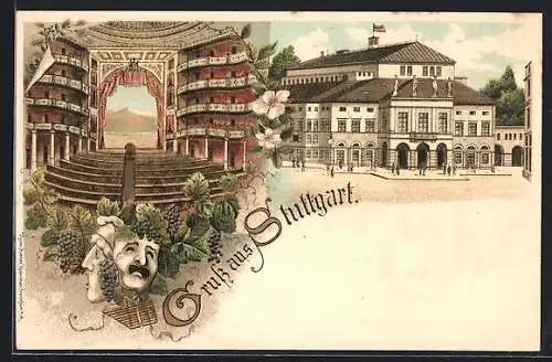 Lithographie Stuttgart, Theater mit Innenansicht