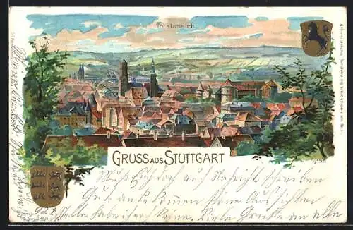 Lithographie Stuttgart, Totalansicht, Wappen