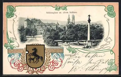 Lithographie Stuttgart, Schlossplatz mit altem Schloss, Wappen