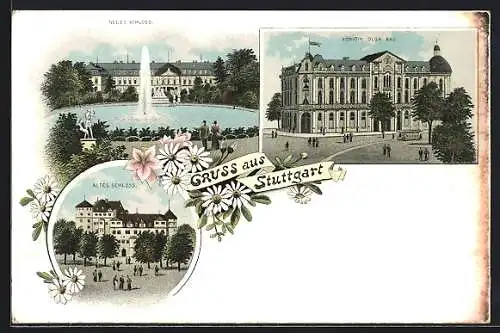 Lithographie Stuttgart, Neues Schloss, Altes Schloss, Königin Olga-Bau