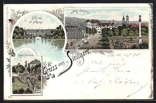 Lithographie Stuttgart, altes Schloss, der Anlagensee, Eugen-Brunnen
