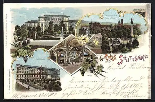 Lithographie Stuttgart, Bahnhof, Polytechnikum, Schlossplatz mit Altem Schloss, Justizpalast