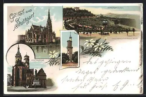 Lithographie Stuttgart, Bopserbrunnen, Stiftskirche, Aussichtsturm bei Oegerloch