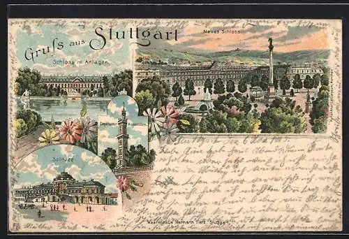 Lithographie Stuttgart, Neues Schloss, Solitude, Schloss m. Anlagen