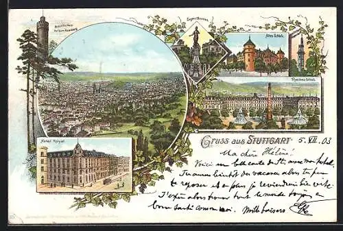 Lithographie Stuttgart, Eugens-Brunnen, Altes Schloss, Residenz-Schloss, Hotel Royal, Ortsansicht aus der Vogelschau