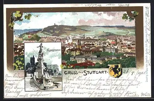 Lithographie Stuttgart, Teilansicht, Eugensbrunnen, Wappen