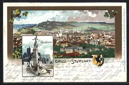 Lithographie Stuttgart, Ortsansicht und Eugensbrunnen, Wappen