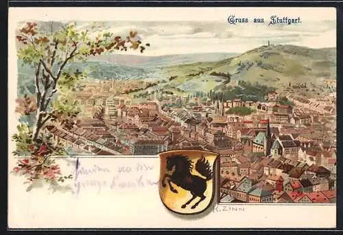 Lithographie Stuttgart, Teilansicht mit Kirche, Wappen