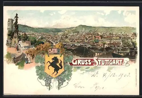 Lithographie Stuttgart, Panoramablick auf die Stadt, Wappen