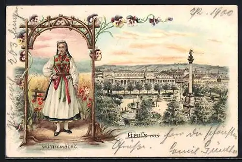 Lithographie Stuttgart, Schlossplatz, Frau in Tracht