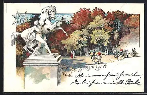 Lithographie Stuttgart, Park mit Statue