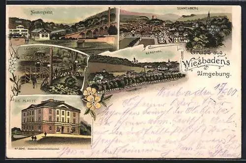 Lithographie Wiesbaden, die Platte, Leichtweisshöhle, Nerobergbahn, Sonnenberg