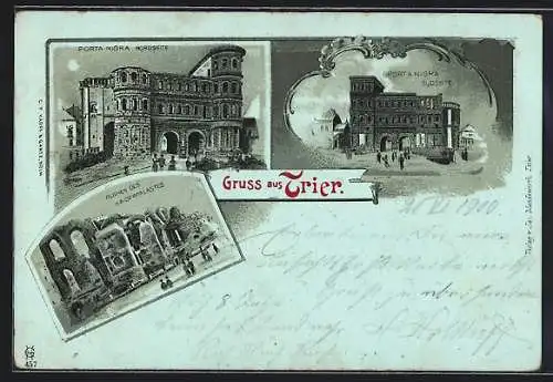 Mondschein-Lithographie Trier, Porta Nigra Nordseite und Südseite, Ruinen des Kaiserpalastes