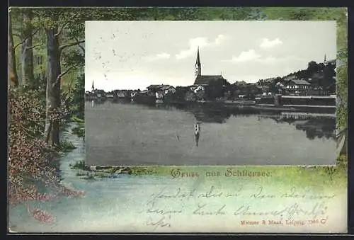 Lithographie Schliersee, Uferpartie mit Kirche