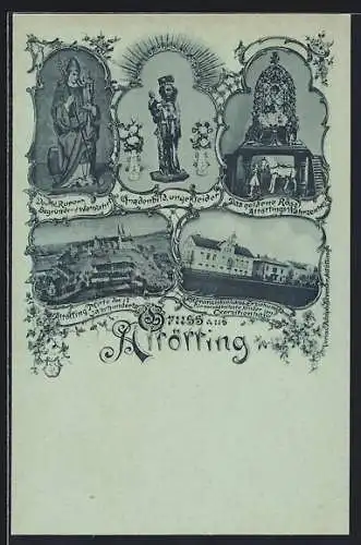 Mondschein-AK Altötting, Der hl. Rupert, ungekleidetes Gnadenbild, das goldene Rössl, Franziskushaus