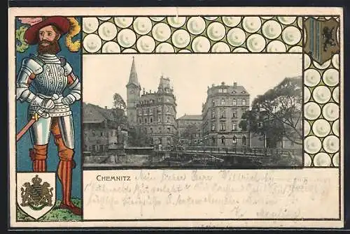 Lithographie Chemnitz, Ortspartie am Fluss, Passepartout mit Ritter und Wappen