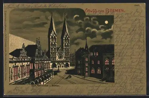 Mondschein-Lithographie Bremen, Dom, Rathaus und Börse