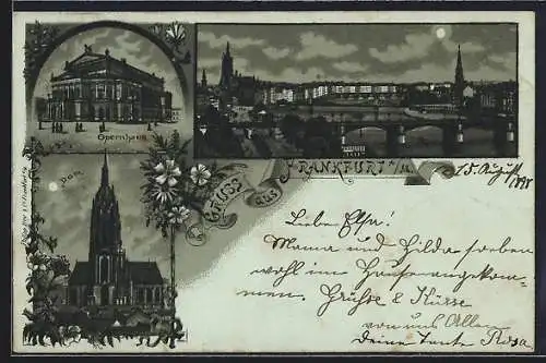 Mondschein-Lithographie Frankfurt a. M., Opernhaus, Dom, Flusspanorama