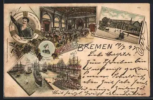 Lithographie Bremen, Bahnhof mit Innenansicht des Wartesaals, Freihafen