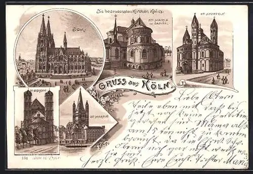 Lithographie Köln, St. Gereon, St. Maria im Capitol, St. Aposteln