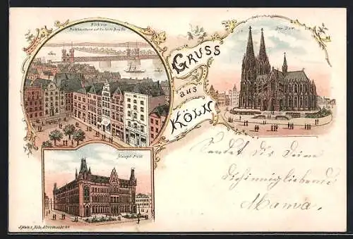 Lithographie Köln, Der Dom, Haupt-Post, Blick vom Rathhausthurm auf die feste Brücke