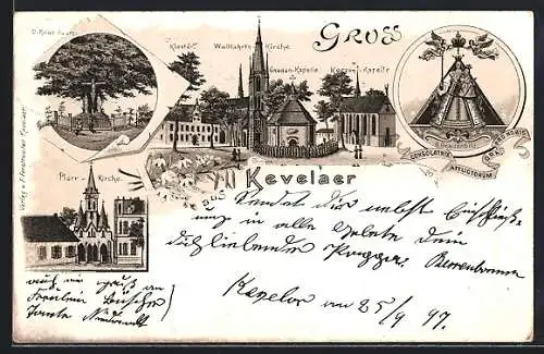 Lithographie Kevelaer, Kloster, Wallfahrtskirche, Gnaden-Kapelle, Kerzen-Kapelle, Pfarr-Kirche, Kreuz-Baum