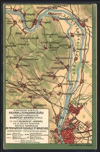 AK Ungarn, Landkarte mit Budapest, Szentendre, Vácz, Újpest und Óbuda