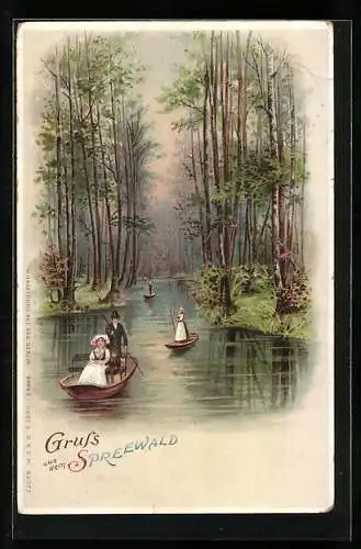 Lithographie Spreewälder in Tracht beim Kanufahren, Mondschein reflektiert auf dem Wasser