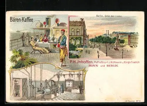 Lithographie Berlin, Unter den Linden, Terrasse des Bären-Kaffee von P. H. Inhoffen