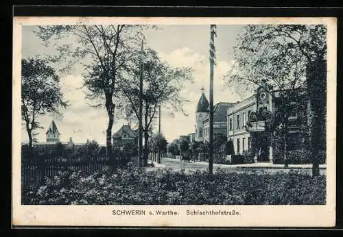 AK Schwerin a. Warthe, Blick in die Schlachthofstrasse