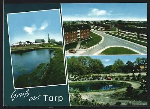 AK Tarp /Kr. Flensburg-Land, Uferpartie mit Kirche, Teich, Strassenpartie