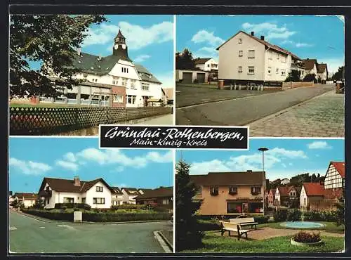 AK Gründau-Rohenbergen /Main-Kinzig-Kreis, Metzgerei mit Brunnen, Rathaus, Strassenpartie