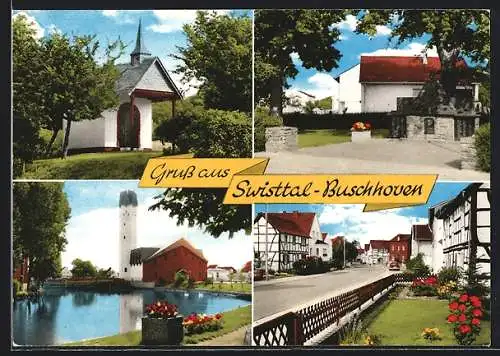 AK Buschhoven-Swisttal, Uferpartie mit Kirche, Kapelle, Strassenpartie