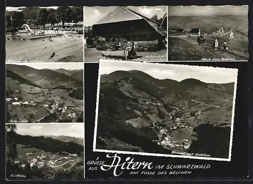 AK Aitern im Schwarzwald, Gesamtansicht mit Belchen, Bauernhof mit Trachten, Schwimmbad