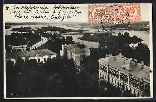 AK Oulu, Gebäude und Brücke aus der Vogelschau