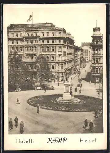 AK Helsinki, Hotel Kamp und Denkmal-Anlage aus der Vogelschau