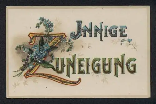 Glitzer-Perl-AK Schriftzug Innige Zuneigung mit Glitzer-Perlen und Vergissmeinnicht
