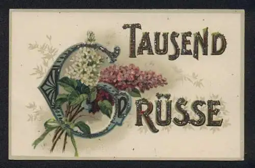 Glitzer-Perl-AK Blühender Flieder und Schriftzug Tausend Grüsse mit Glitzer-Perlen