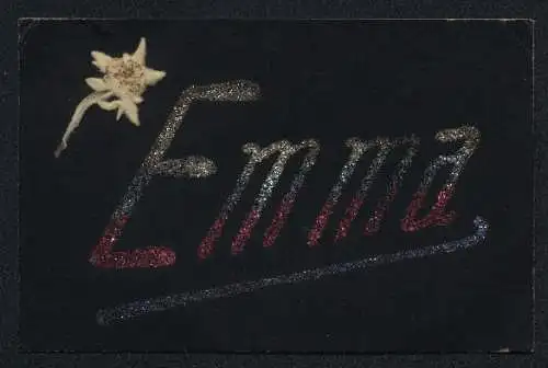 Glitzer-Perl-AK Schriftzug Emma mit Glitzer-Perlen und aufgeklebtem Edelweiss