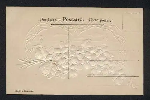 Glitzer-Perl-AK Blühende Veilchen mit Glitzer-Perlen, Segelboot und Leuchtturm