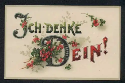 Glitzer-Perl-AK Schriftzug Ich denke Dein mit Glitzer-Perlen, Kleeblättern und Beeren