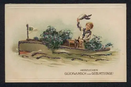 Glitzer-Perl-AK Kleiner Matrose fährt Boot mit Vergissmeinnicht und Glitzer-Perlen
