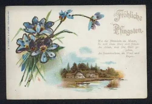 Glitzer-Perl-AK Pfingstgruss mit Flusslandschaft und Blüten mit Glitzer-Perlen