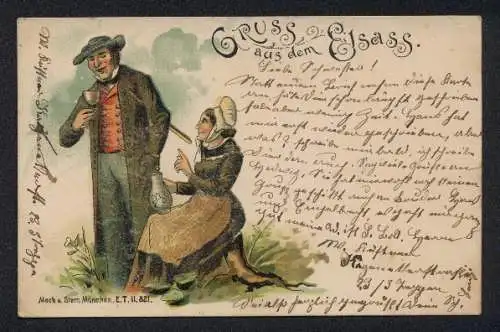 Glitzer-Perl-AK Elsässer Paar mit Glitzer-Perlen auf der Kleidung