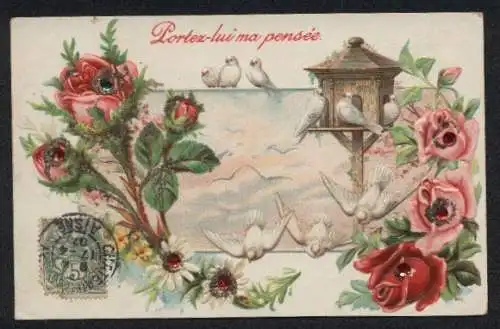 Glitzer-Perl-AK Weisse Tauben und blühende Rosen mit Glitzer-Perlen