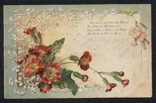 Glitzer-Perl-AK Reim und blühende Blumen mit Glitzer-Perlen