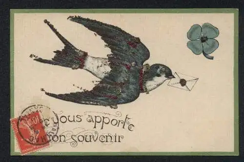 Glitzer-Perl-AK Brieftaube mit Glitzer-Perlen trägt Brief im Schnabel