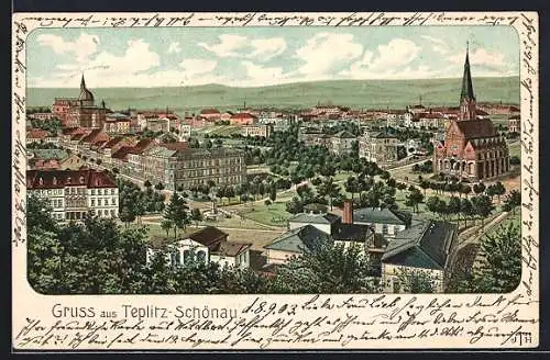 Lithographie Teplitz Schönau / Teplice, Totalansicht mit Kirche